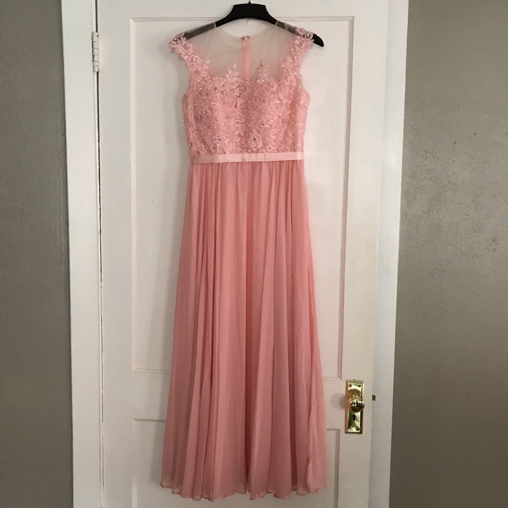 Pink gown with sheer bodice and lace appliqué